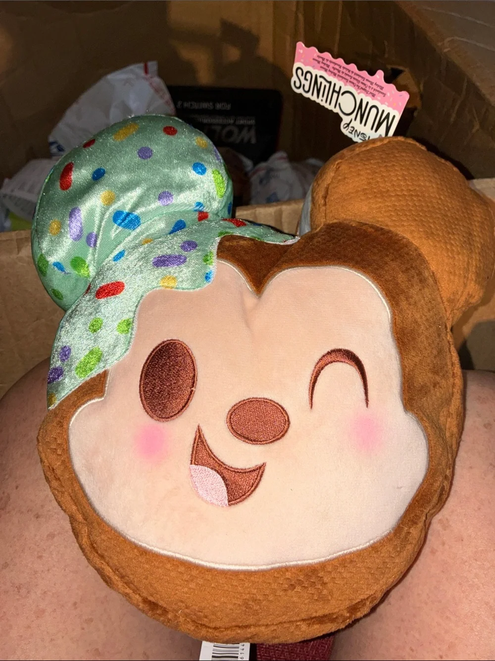 Disney Brown Plush Munchling Head with Green Polka-Dot Bow